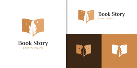 book story life with feather logo icon design can be used author, education, quill ink symbol