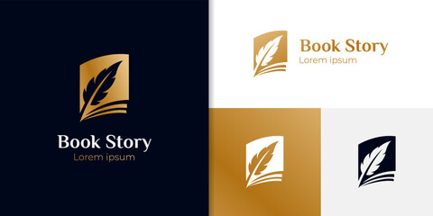 book story life with feather logo icon design can be used author, education, quill ink symbol - obrazy, fototapety, plakaty