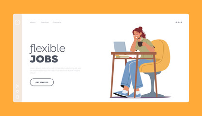 Flexible Jobs Landing Page Template. Relaxed Woman Freelancer Character Working on Laptop Sitting at Desk with Coffee