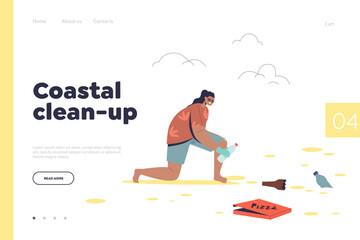 Coastal clean up concept of landing page with girl volunteer on beach cleaning litter and garbage