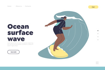 Ocean surface wave concept of landing page with african american woman surfing