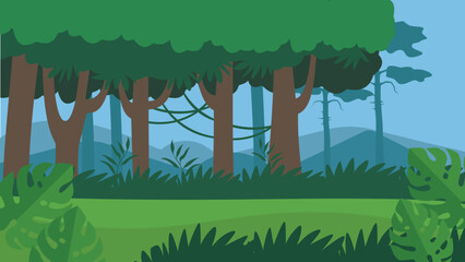 Trees with lianas and a clearing against the backdrop of mountains