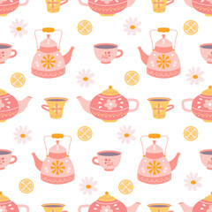 Teapots and mugs with tea, daisies and lemon on white background, vector seamless pattern in flat hand drawn style
