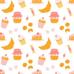 Sweets for tea or coffee. Cupcakes, candies, cookies. Vector seamless pattern