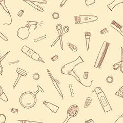 Seamless pattern of hairdressing elements. Vector illustration of doodle icons background, wallpaper. The concept of a hairdressing salon and a beauty salon.