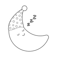 Coloring book for children. Draw a cute cartoon moon sleeping in a sleeping cap based on the drawing. Vector isolated on a white background.