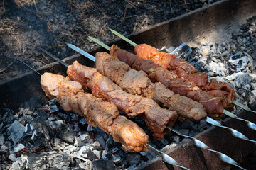 The meat is roasted on the coals of a fire Barbecue cooked on the grill