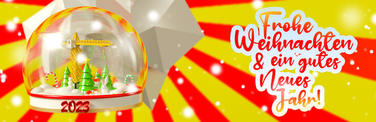 Narrow background with the text Merry Christmas and Happy New Year in German on the theme of building construction. Festive banner with a construction crane, Christmas trees and snow in a snow globe.