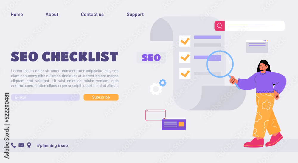 Aufkleber seo checklist banner. concept of search engine optimization audit, technical quality analysis. vecto