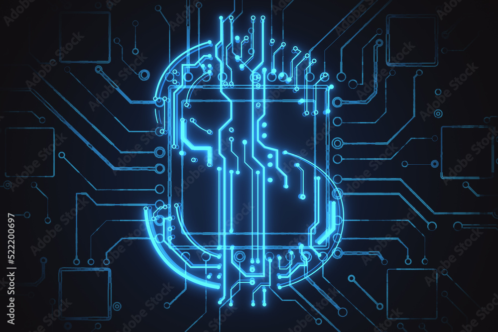 Poster abstract glowing blue circuit dollar hologram on blurry background. online banking and financial tec