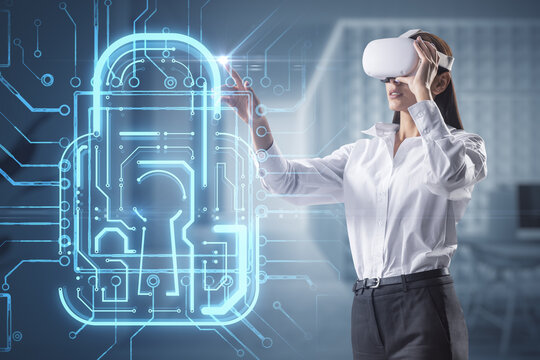 businesswoman with VR glasses and creative glowing padlock circuit security hologram on blurry background. Safety, augmented reality and web protection concept. Double exposure.