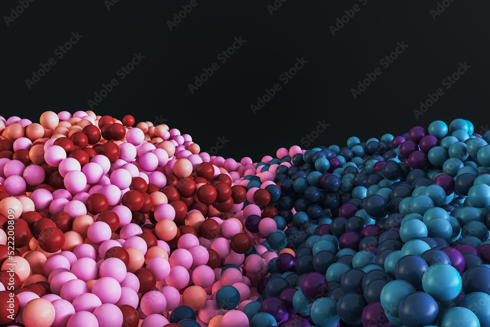 Poster Abstract colorful bubbles on black background with mock up place for text and advertisement. Design and banner concept. 3D Rendering.