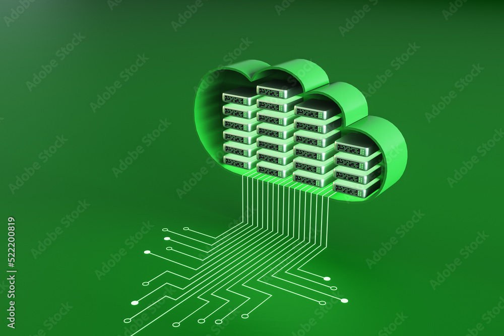 Poster Abstract server room circuit cloud on green background. Data storage and database concept. 3D Rendering.