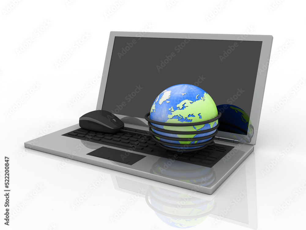 Poster 3d rendering laptop connected mouse