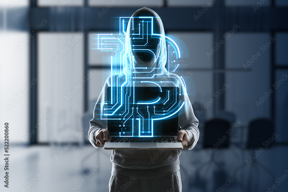 Poster Front view of hacker holding laptop with creative glowing bitcoin circuit hologram on blurry office interior background. Cryptocurrency, blockchain and finance concept. Double exposure.