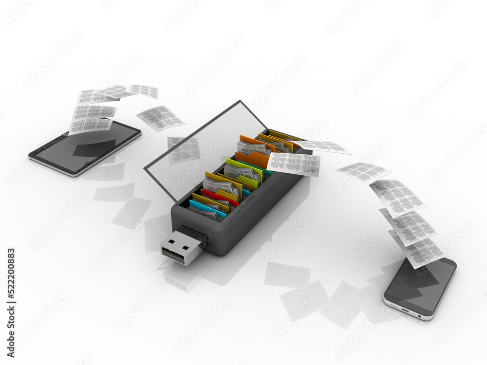 Poster 3d rendering mobile data sharing pendriver