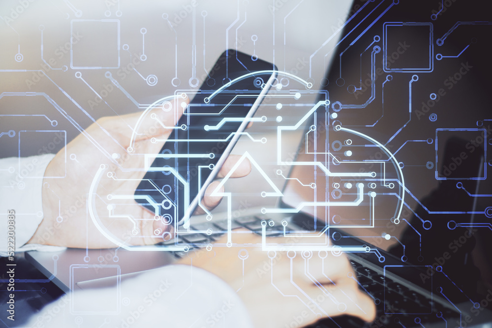 Poster Close up of businessman hands using laptop and cellphone with abstract glowing circuit cloud hologram on blurry background. Big data and technology concept. Double exposure.