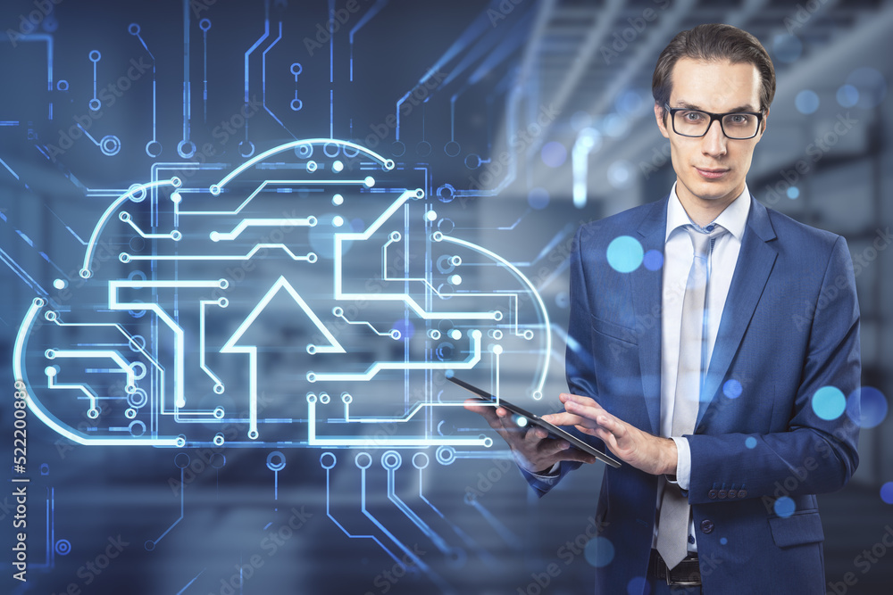 Poster attractive young european man using tablet with abstract glowing circuit cloud hologram on blurry of