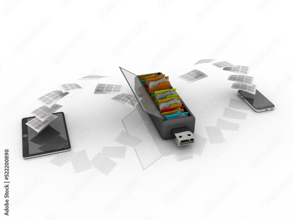 Poster 3d rendering mobile data sharing pendriver