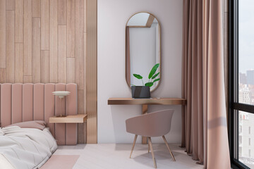 Bright wooden and concrete stylish hotel bedroom interior with window and city view. Design concept. 3D Rendering.
