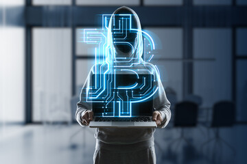 Front view of hacker holding laptop with creative glowing bitcoin circuit hologram on blurry office interior background. Cryptocurrency, blockchain and finance concept. Double exposure.