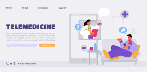 Fototapeta na wymiar Telemedicine banner. Concept of online healthcare consultation, virtual meeting with medic. Vector landing page of telehealth service with flat illustration of physician on phone screen and patient