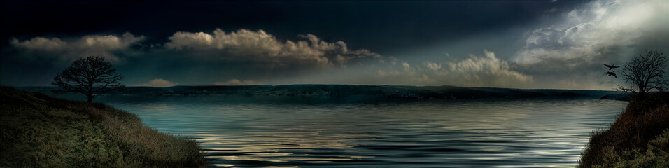 Idyllic lake in nature with birds
