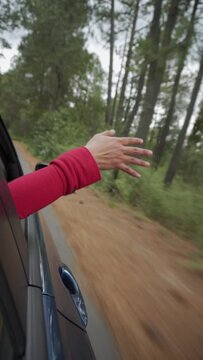 Woman hand out of the window . Concept car travel on the road trip