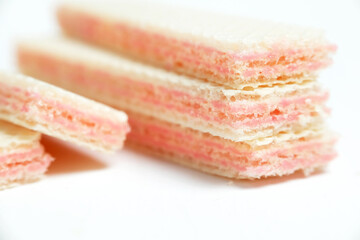 Wafers with raspberry yoghurt isolated on a white background