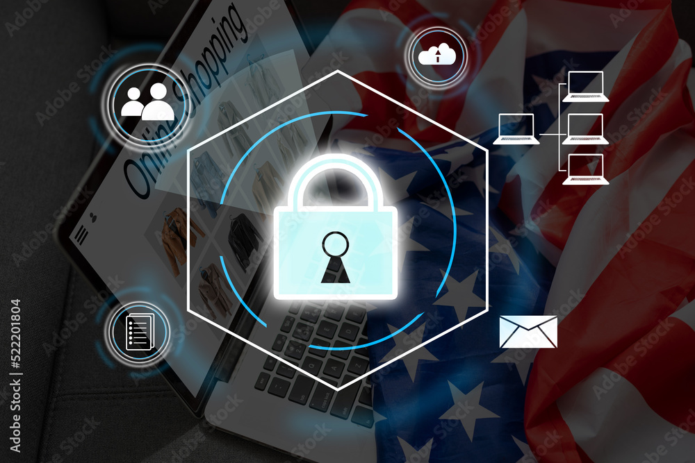 Poster digital padlock icon, cyber security network and data protection technology on virtual interface scr