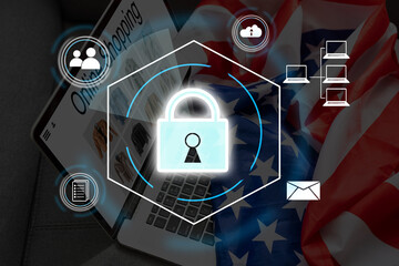 Digital padlock icon, cyber security network and data protection technology on virtual interface screen. Online internet authorized access against cyber attack.and business data privacy concept.