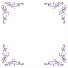 Obraz premium Violet ornamental frame, decorative border with leaves, corners for greeting cards, banners, invitations, menus, wedding decoration. Isolated vector illustration.