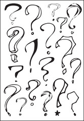 Set of interrogation signs in black and white. Funny question marks. Vector illustrations.