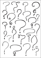 Set of interrogation signs in black and white. Funny question marks. Vector illustrations.