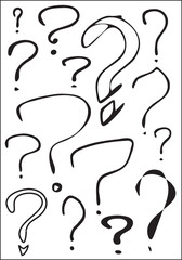 Set of interrogation signs in black and white. Funny question marks. Vector illustrations.