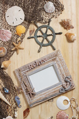 Empty Frame on Wooden Background With Sea Shells and Fishing Net. Nautical and Coastal Theme