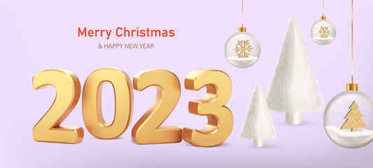 Happy New Year 2023. Numbers 2023 with fur balls and white fur Christmas trees on lilac background. Trendy Xmas background with glass balls, glitter golden confetti. Realistic vector illustration