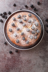 Blackberry Breakfast Cake with powdered sugar closeup in the plate on the table. Vertical top view from above