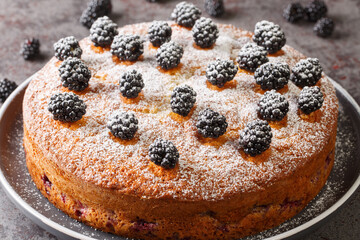 Yummy desert delicious cake made with blackberries closeup in the plate on the table. Horizontal