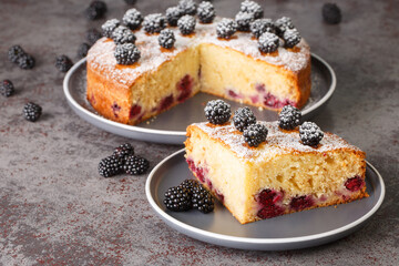 Dessert Blackberry sponge cake with powdered sugar close-up in a plate on the table. Horizontal