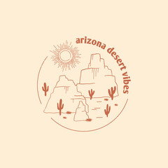 Arizona desert with mountain graphic print design for t shirt. Vintage graphic for apparel, sticker, batch, poster and background. Outdoor western vintage artwork. Arizona Vibe