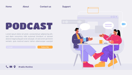 Obraz na płótnie Canvas Podcast landing page, radio host interviewing guest on radio station. Man and woman in headphones sitting at desk, talking with speech bubbles and drinking coffee, Line art flat vector web banner