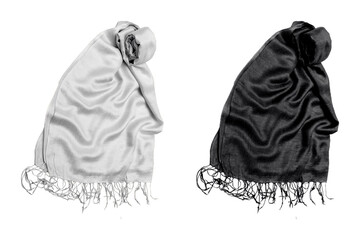 Blank black and white winter warm scarf with fringe. mockup isolated on white background.3d rendering.
