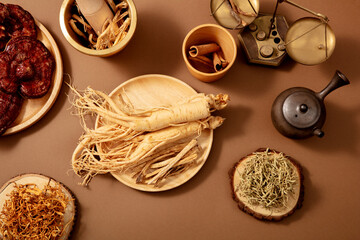 Herbal medicine used in alternative remedies with a variety of dried herbs such as ginseng. Top view.