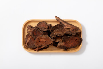 Herbal ingredients in traditional Chinese medicine.  raw rhubarb on white background. 