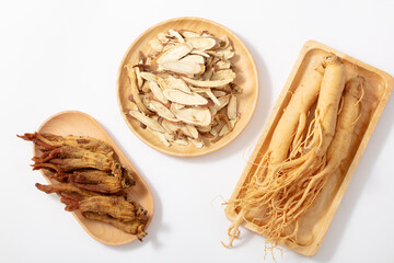 ling zhi mushroom and ginseng and ingredient traditional medicine on white background