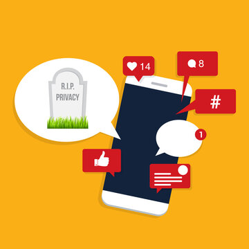 Social media. Viral content, social activity and social media marketing - likes, shares and comments pop up on the mobile screen, with a speech bubble and a tombstone with rest in peace privacy text.