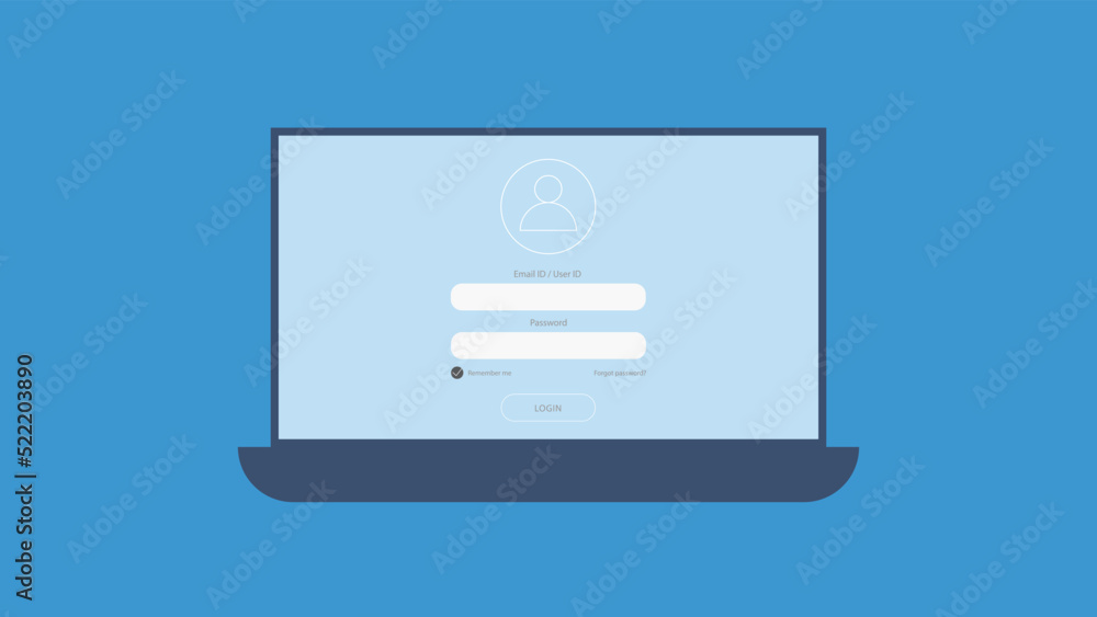 Poster laptop with login and password form page on screen. sign in to account, user authorization, login au