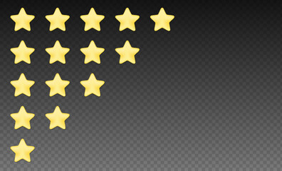 5 Gold stars rating set isolated on transparent background. Vector realistic five golden stars