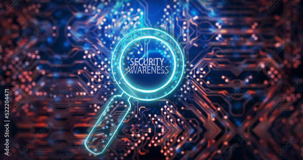 Poster image of magnifying glass with security awareness text over computer circuit board